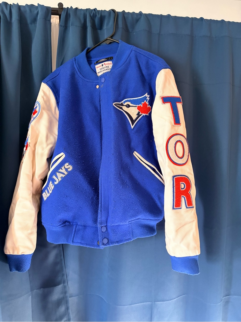 MLB Blue and White Toronto Blue Jays Varsity Bomber Jacket